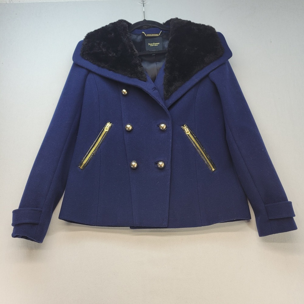Juicy Couture Hooded Pea Coat Womens Small Blue Wool Blend Faux Fur Trim